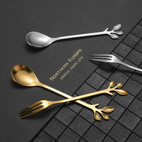 Ensemble de cuillère et de fourchette multifonction en acier inoxydable avec manche en forme de feuille pour le café, le dessert, les fruits - Vaisselle de table fraîche et mignonne