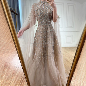 Abito da sera Serene Hill LA72728 a collo alto con perline, linea ad A, con mantello in tulle, elegante, blu polvere, stile arabo, per feste formali da donna - Product Image 5