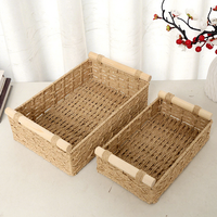 Panier de rangement rectangulaire léger en corde de papier tressée, écologique et polyvalent, avec poignée en bois marron, pour la maison et le bureau