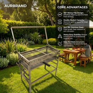 Gril rotatif en acier inoxydable 304 certifié usine, barbecue commercial robuste à double panier avec rotation à 180°, vente en gros - Product Image 2
