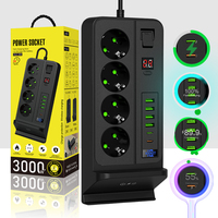 Multiprise EU 3000W avec support de charge sans fil, 4 prises CA, 4 ports USB, 2 ports Type C, affichage numérique, prise de bureau