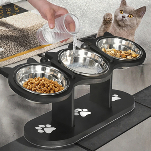 Adjustable Rounded Stylish Solid Pattern Waterproof <b>Ceramic</b> <b>Dog</b> Cat Food Water Bowl Elevated Wood Bamboo Stand - Product Image 3