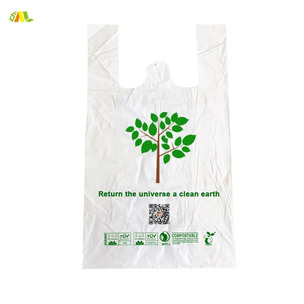 Özel Logo ev endüstriyel Compostable plastik yelek T-Shirt PLA biyobozunur bakkal alışveriş çantası
