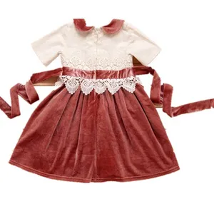 Ropa occidental para niños, ropa de moda para niñas, moda para niñas, cuello de marinero, vestido de seda de encaje marrón