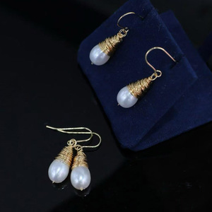 wholesale Handmade Spiral Wire Wrapped Teardrop Pearl Hook <b>Earrings</b> USA Imported 14K Gold Filled Natural Freshwater Pearl - Product Image 1