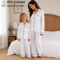 Pijamas de Manga Larga para Niños, Color Sólido Estampado, Pijamas a Juego para Mamá e Hija, con Botones al Frente