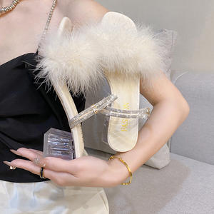 Femmes plume fourrure moelleux <span class=keywords><strong>talon</strong></span> haut Mule sandales ouvert bout rond talons compensés mariage mariée fête toboggan chaussures femmes talons hauts - Product Image 4