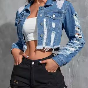 Chaquetas de Verano Personalizadas OEM para Mujer, Chaquetas de Estilo Hip-Hop Urbano, Chaqueta Corta de Mezclilla para Mujer con Lavado Ácido y Efecto Desgastado - Product Image 6