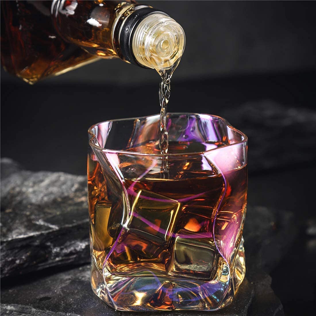 Whiskey Glasses Set of 2 with Iridescence 10 oz Colorful Cocktail Glasses Hand-blown Lead-free Bar Crystal Glass