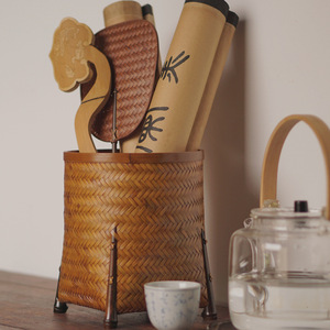 Seau à thé en bambou tressé, cuillère à thé pour six messieurs, aiguille à thé, pinces à thé, seau de rangement, organisateur de bureau, porte-stylo, fleur - Product Image 3