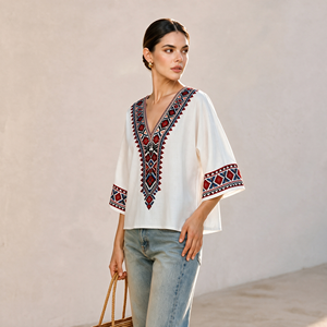 Blusa Holgada con Cuello en V y Manga 3/4 para Mujer, Estampado Étnico, Casual, Elegante, Transpirable, de Verano, con Hombros Caídos, para Vacaciones - Product Image 3