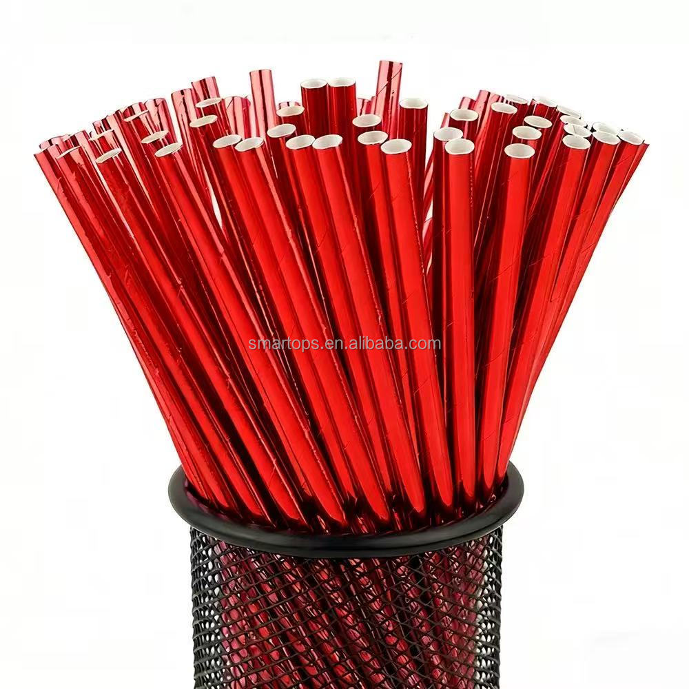 Solid Red 6mm X 210mm Biodegradable Disposable Food Grade Paper Straws for Beverage with Customizable Color & Logo