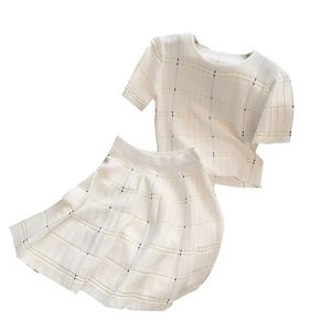 Ensemble pull et jupe trapèze tricotés pour femme, deux pièces, bleu marine et blanc, en fibre de polyester, manches courtes, tenue décontractée pour l'école - Product Image 5