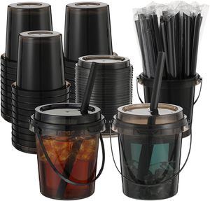 Vasos de Plástico PP Reutilizables con Tapas y Pajitas, Vasos Desechables Transparentes de Plástico para Bebidas con Asas - Product Image 1
