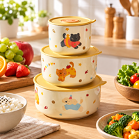 Ensemble de bols de conservation alimentaire en céramique imprimés d'animaux mignons, couvercle hermétique avec valve d'étanchéité en silicone, bols en porcelaine empilables