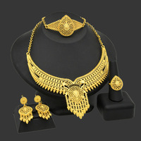 Collar, Pulsera, Aretes y Anillos de Alta Calidad Chapados en Oro de 24K de Dubái, Joyería de Moda Nupcial Árabe para Mujer