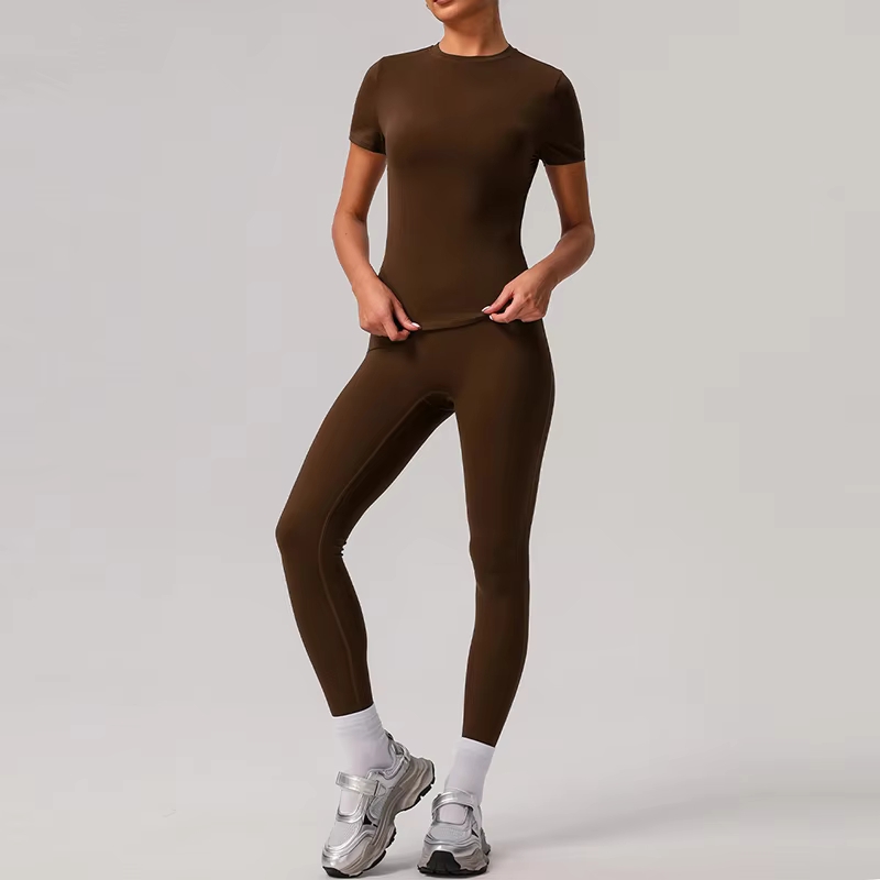 High Quality 2-Piece Sports Yoga Set-Nude Short Sleeve T-Shirt Elastic Waist Hip-Lifting Gym Jogger Leggings Plus Size