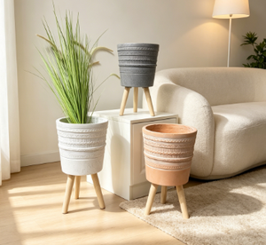 3 Pcs Tall Ribbed Embossed Tripod Planter Set, Standing Flower <b>Pot</b> with Wooden Legs - Product Image 2