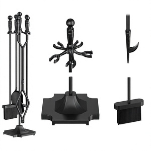 Customized Traditional Cast Iron Fireplace <b>Tool</b> <b>Set</b> with Stand 5 Piece Poker Tongs Shovel Brush Log Holder Black Metal <b>Fire</b> <b>Fire</b> - Product Image 1