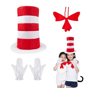 Halloween Dr. Seuss Birthday Party <strong>Hat</strong> Cosplay Makeup Stage Props <strong>Red</strong> White Striped <strong>Top</strong> <strong>Hat</strong> With Tie and Gloves - Product Image 1