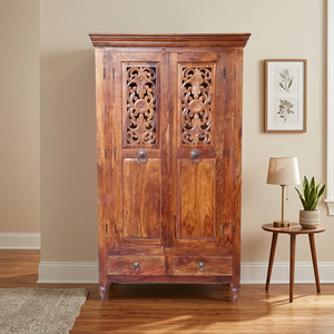 Armoire en bois moderne sculptée à la main avec 2 portes et tiroirs, organisateur de vêtements pour chambre, hôtel, ferme, style indien - Product Image 3