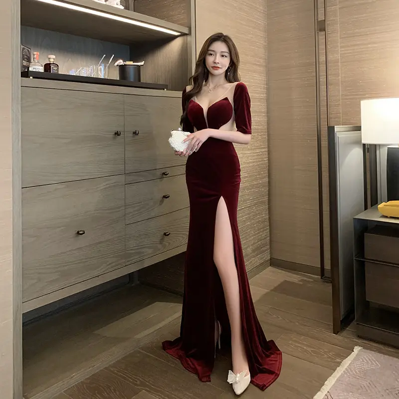 Korean Style Socialite Wine Red Engagement Dresses Wedding Prom Elegant Velvet Long Gowns Women High Slit Dress For Cocktail