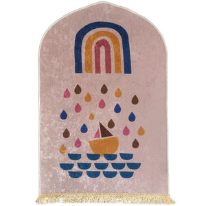 Tapis de prière en polyester jaune pour petits enfants musulmans Ramadan cadeau islamique avec techniques brodées et tuftées - Product Image 3