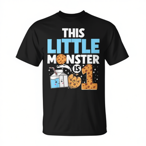 T-shirt unisexe à manches courtes et col rond pour enfants, imprimé numérique, This Little Monster Is 1 Milk And Cookies, pour le 1er anniversaire - Product Image 3