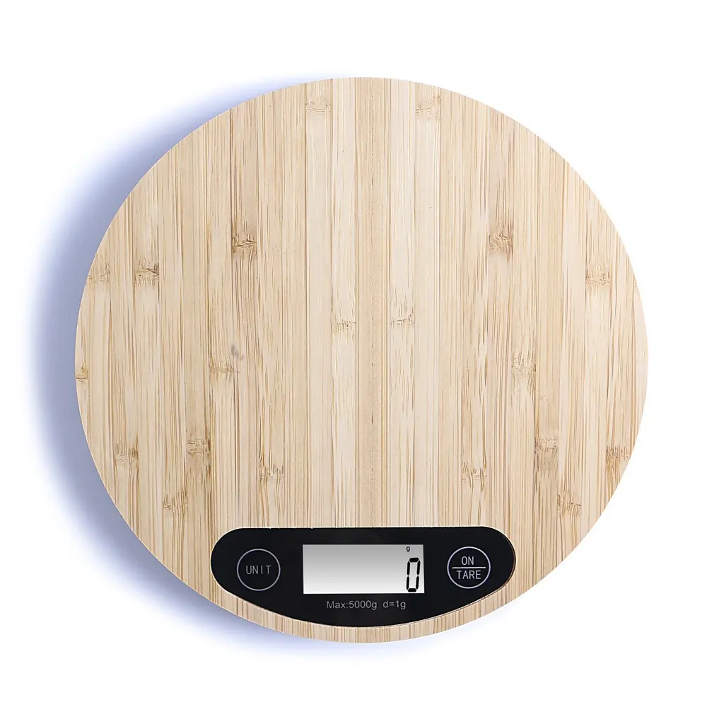 Balance LCD numérique circulaire, 5kg, à affichage numérique, pour peser les aliments, en bois, plate-forme en bambou, pour cuisine, nouveauté