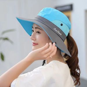 Chapeau de soleil d'été pour femme en maille à large bord, protection UV, chapeau bob d'extérieur avec trou pour queue de cheval - Product Image 3