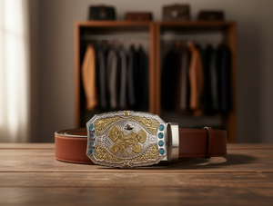 Fibbia per cintura da uomo in argento e oro, grande, placcata, 5,0 cm, stile western - Product Image 2