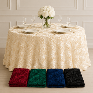 Professional 132 Inch Round 3D Rosette <b>Tablecloth</b> Raised Floral Polyester Table Linen for Professional Hotel Ballroom Tables - Product Image 1