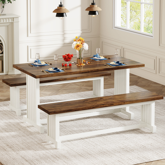 47-Inch Small Dining Table Set for 2, 3-Piece Kitchen Table with 2 Benches, Farmhouse Wood Dinner Furniture for Narrow Space