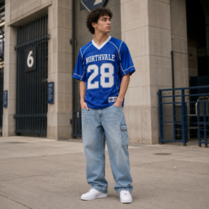 Camiseta Deportiva Casual de Malla Estampada Premium con Cuello en V, Manga Corta y Gráficos de Números para Fútbol Americano - Product Image 1
