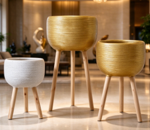 Rattan <b>Flower</b> <b>Pot</b> Set with Wood Legs Minimalist Indoor Planter <b>for</b> Green Plants 3 Pcs Circular Pattern Nordic Style - Product Image 2