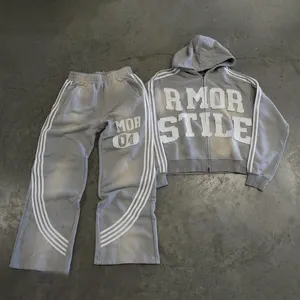 Özel üretici streetwear boy adam asit yıkanmış şerit hoodie ve sweatpants seti eşofman güneş soluk erkek eşofman