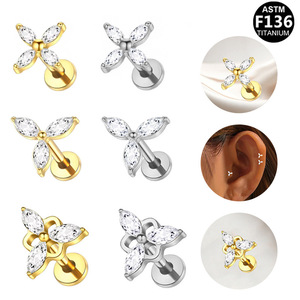 <b>Titanium</b> Flower Ear <b>Studs</b> F136 ASTM Certified Zircon Inlay Unisex Piercing Jewelry - Product Image 1