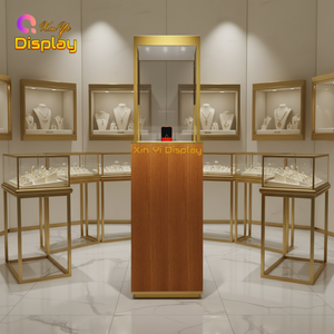 Vitrine de présentation de bijoux et de montres en bois de luxe sur mesure XINYI, éclairage LED, finition dorée, design écologique pour la vente au détail et les musées - Product Image 2
