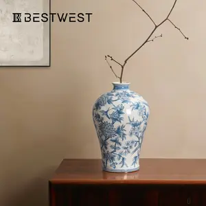 Ornamen, perabot rumah pot tanah liat berkualitas tinggi vas porselen biru dan putih retro Tiongkok