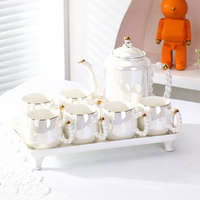 Bouilloire à eau froide en céramique de luxe légère, couleur blanc nacré, ensemble de vaisselle haut de gamme avec tasses à café et à thé noires en cadeau