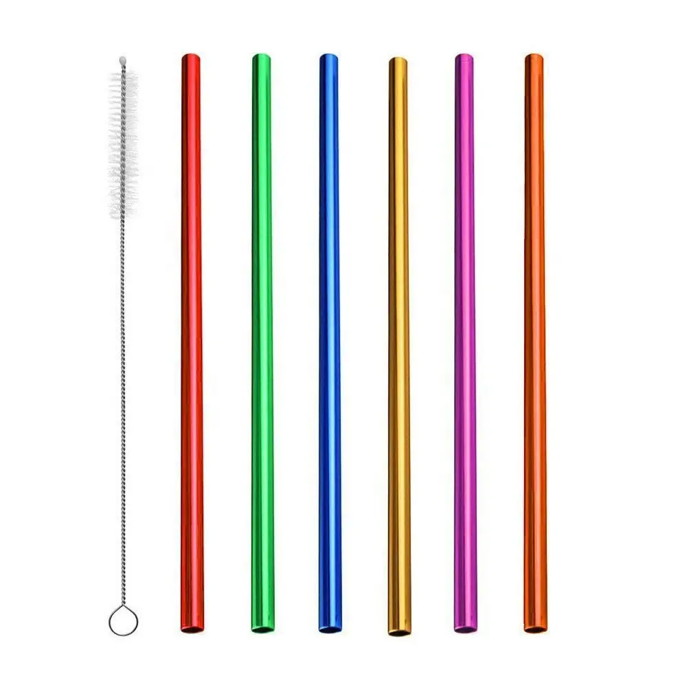 Reusable Metal Aluminum Drinking Colorful Straight Straws With Cleaning Brush for Party