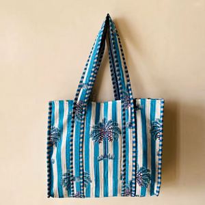 Bohemian Fashion Cotton <b>Tote</b> <b>Bag</b> Blue <b>White</b> Striped Palm Tree Embroidery Open Top Zipper Closure Summer Shopping New Year - Product Image 1