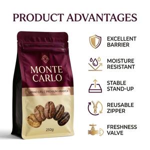 Sacs à café à fond plat refermables de qualité alimentaire avec logo personnalisé, imprimés sur mesure pour les grains torréfiés, emballage de 250 g, 500 g, 1 kg - Product Image 1