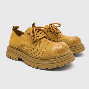 Chaussures décontractées pour hommes en cuir véritable, semelle épaisse, design ajouré respirant, à lacets, pour la marche - Product Image 4