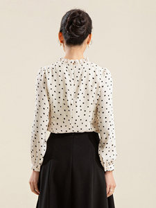 Camicetta in Chiffon a Pois <span class=keywords><strong>Beige</strong></span> e Nero Stile Minze per <span class=keywords><strong>Donna</strong></span>, Colletto con Volant, Manica Lunga, Camicia Casual Primaverile - Product Image 3