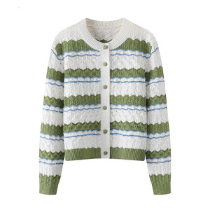 Cárdigan de punto calado a rayas para mujer, manga larga, cuello redondo, ajuste holgado, abotonado, anti-bolitas, suéter de primavera - Product Image 1
