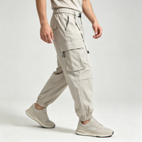 Pantalon cargo beige pour homme, coupe fuselée, avec ceinture à boucle en sangle, poignets élastiqués, poches cargo à rabat, poches zippées, empiècements aux genoux, style utilitaire