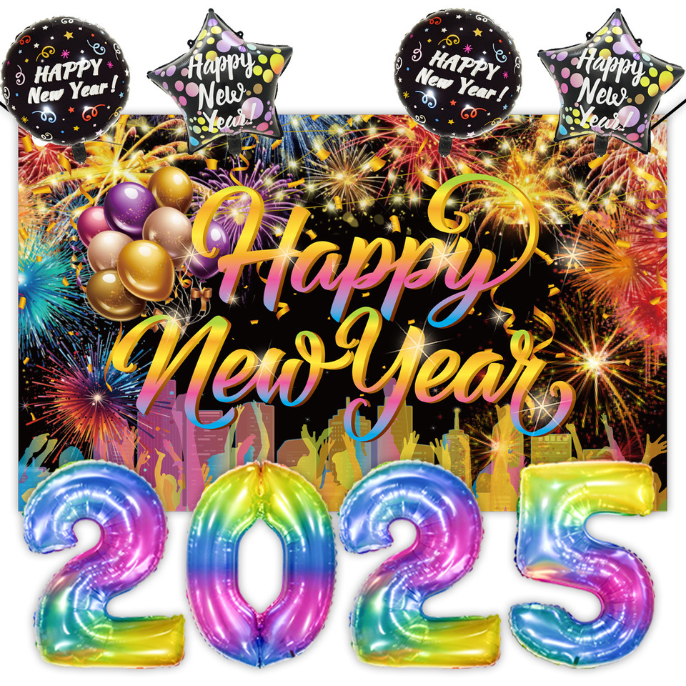 2025 New Year's Eve Decoration Banner And Hanging Cloth Balloon Set New Year Theme Party Wall Decorations Supplies