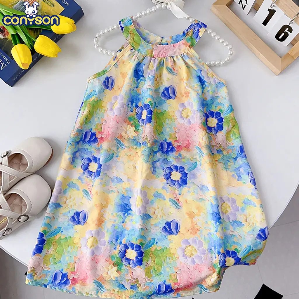 Conyson - Vestido sem mangas para meninas, moda infantil de verão com pintura a óleo para bebês e meninas, blusa com estampa de flores, novidade