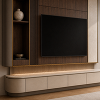 Mueble de TV Moderno de Madera con Consola Flotante para Montaje en Pared, Estantes con Pantalla LED y Paneles de Pared Acanalados para Sala de Estar